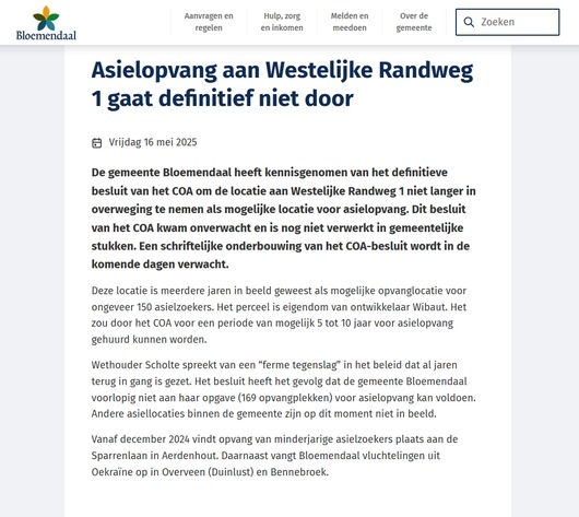 Asielopvang Westelijke Randweg 1 gaat niet door